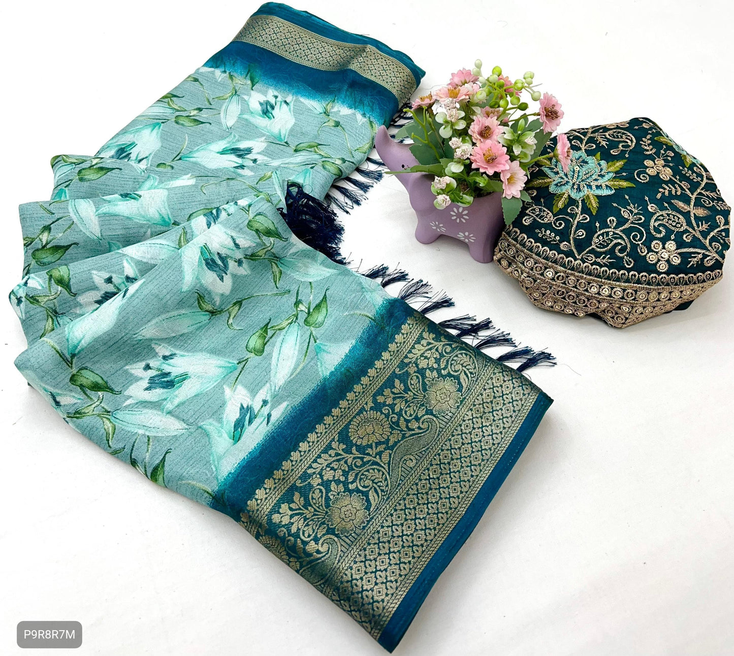 Floral Print Dola Silk Saree with Zari Border & Embroidered Blouse