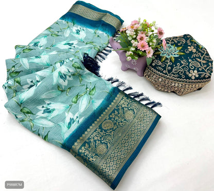 Floral Print Dola Silk Saree with Zari Border & Embroidered Blouse