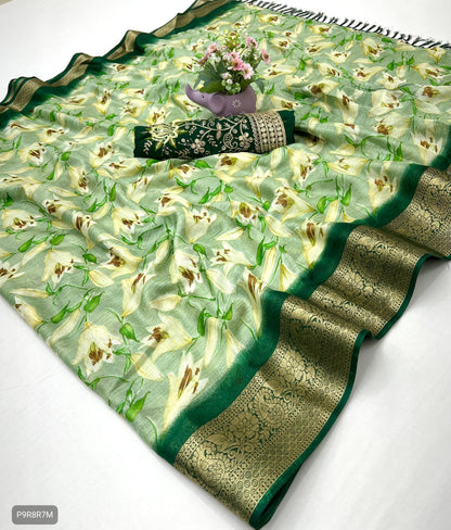 Floral Print Dola Silk Saree with Zari Border & Embroidered Blouse