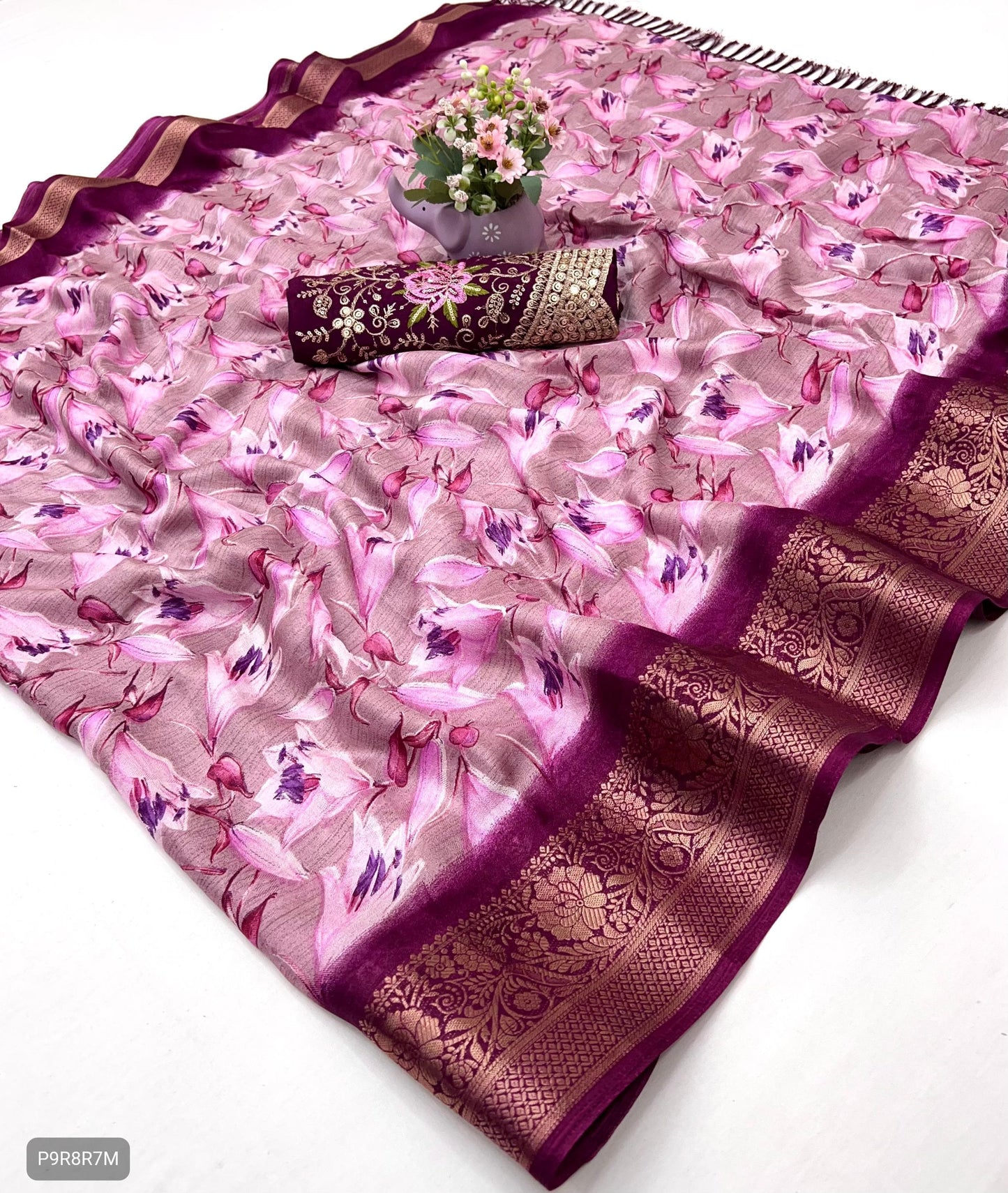 Floral Print Dola Silk Saree with Zari Border & Embroidered Blouse