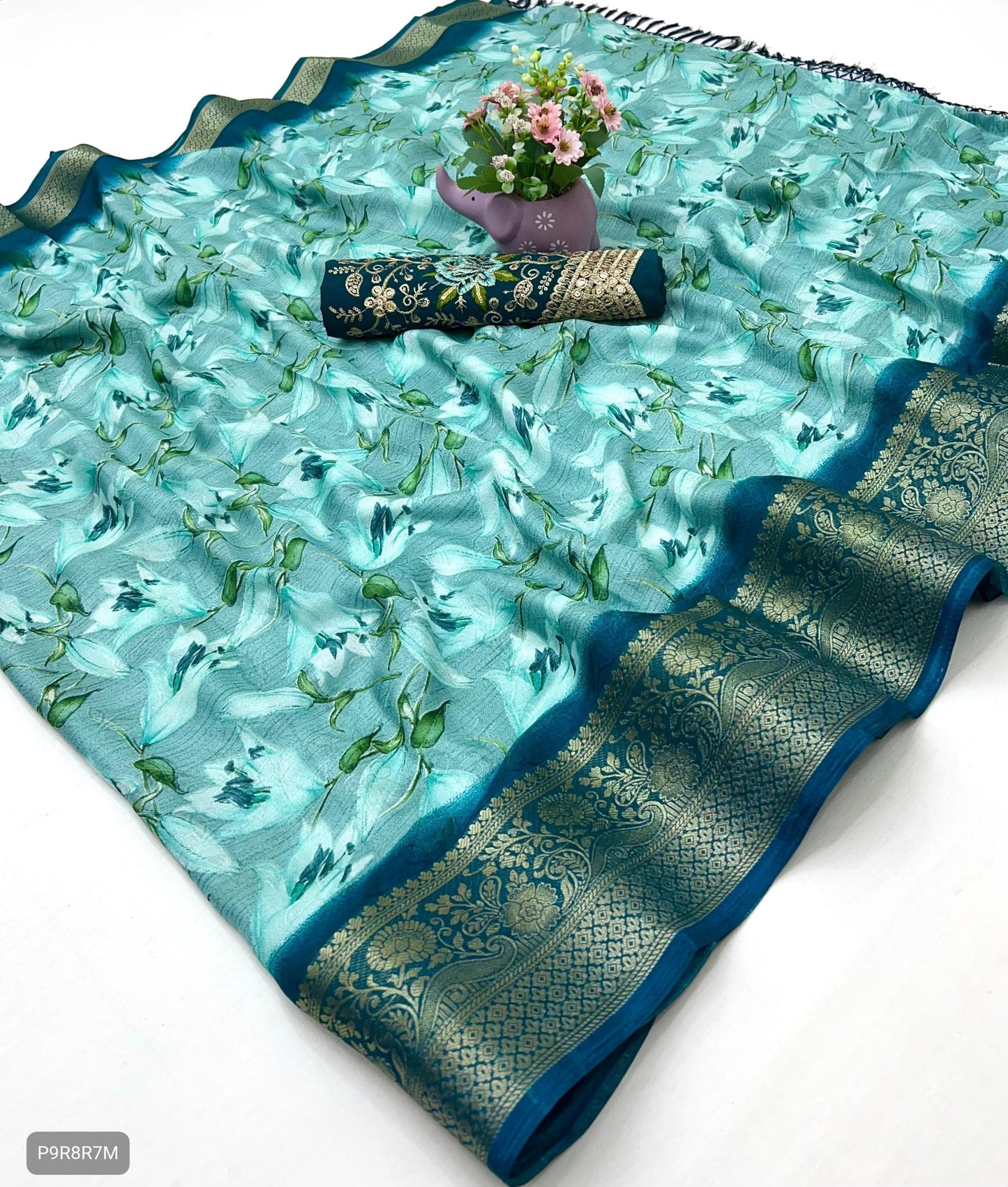 Floral Print Dola Silk Saree with Zari Border & Embroidered Blouse