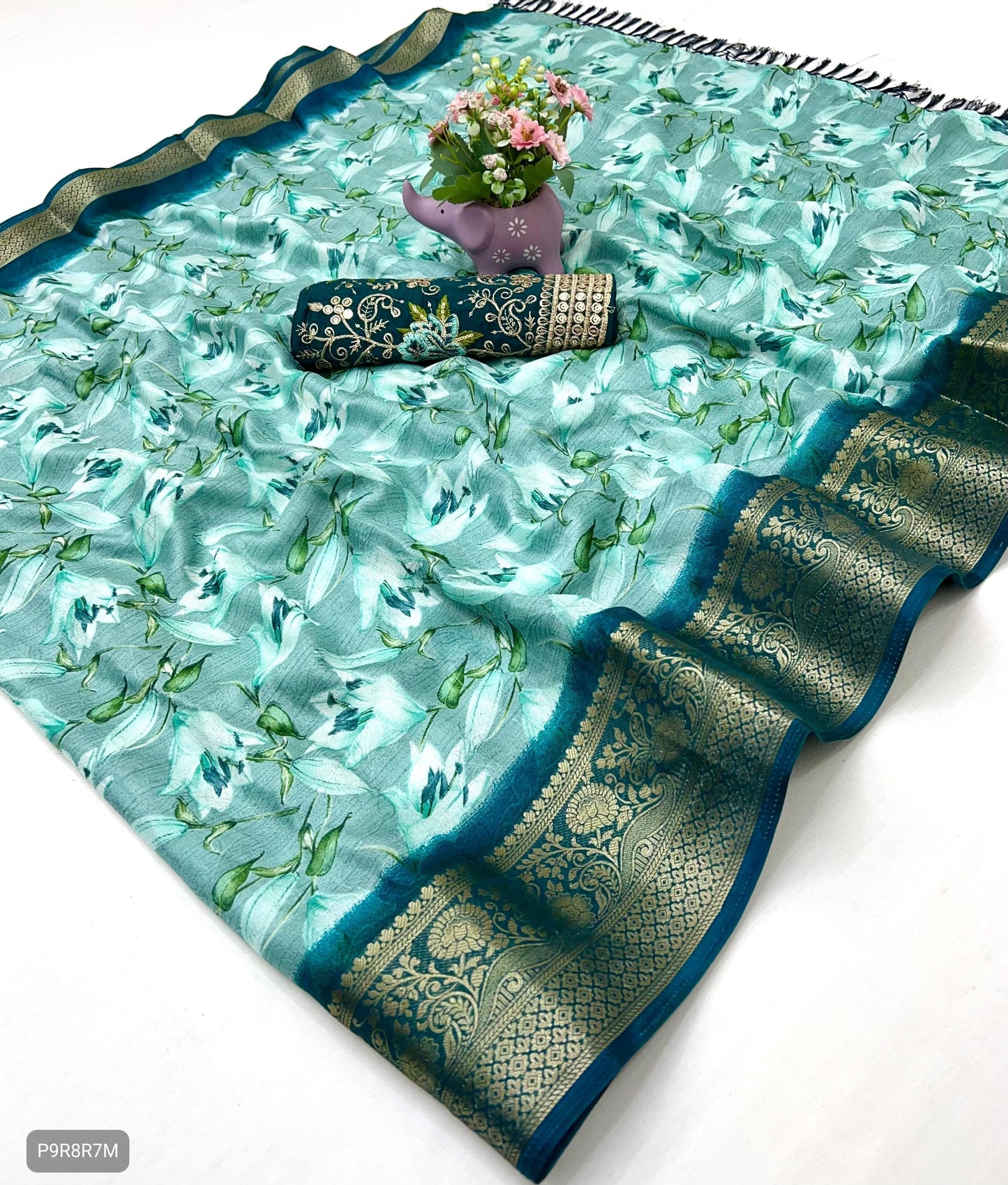 Floral Print Dola Silk Saree with Zari Border & Embroidered Blouse