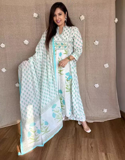 Floral Printed Cotton Angrakha Kurti Set with Sequin Work, Pant & Mul Cotton Dupatta