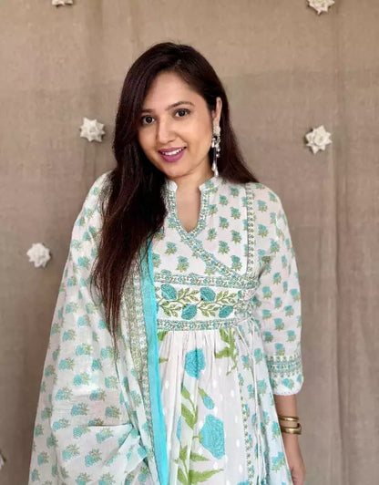Floral Printed Cotton Angrakha Kurti Set with Sequin Work, Pant & Mul Cotton Dupatta