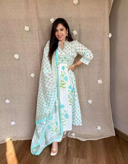 Floral Printed Cotton Angrakha Kurti Set with Sequin Work, Pant & Mul Cotton Dupatta