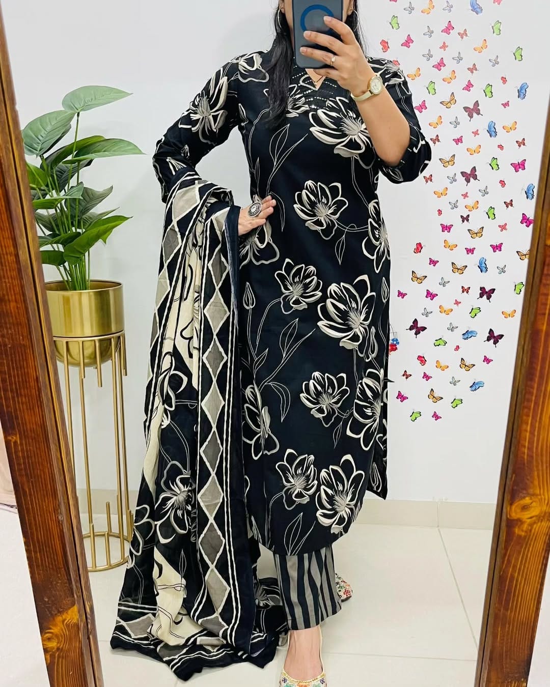 Floral Printed Cotton Kurti Set with Embroidery & Dupatta