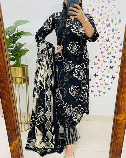 Floral Printed Cotton Kurti Set with Embroidery & Dupatta