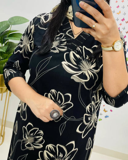 Floral Printed Cotton Kurti Set with Embroidery & Dupatta