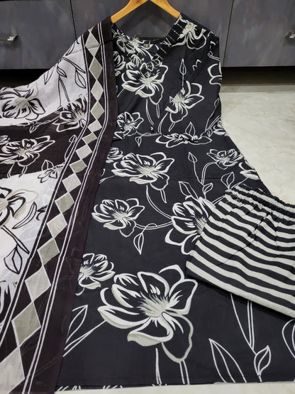 Floral Printed Cotton Kurti Set with Embroidery & Dupatta