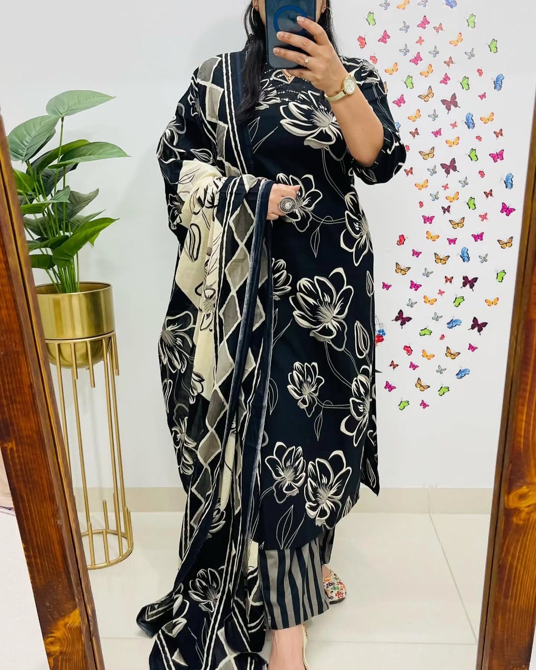 Floral Printed Cotton Kurti Set with Embroidery & Dupatta