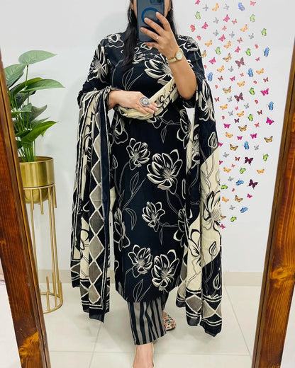 Floral Printed Cotton Kurti Set with Embroidery & Dupatta