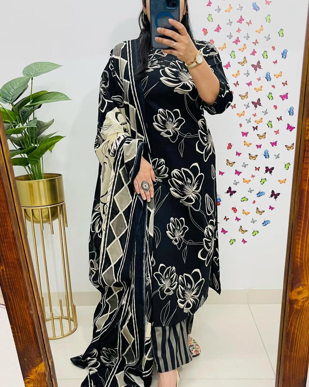 Floral Printed Cotton Kurti Set with Embroidery & Dupatta