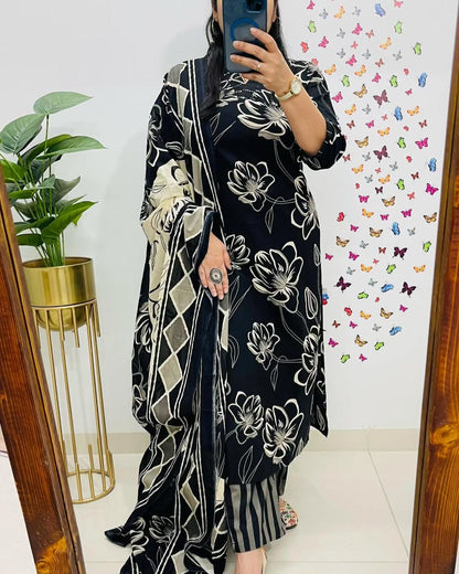 Floral Printed Cotton Kurti Set with Embroidery & Dupatta