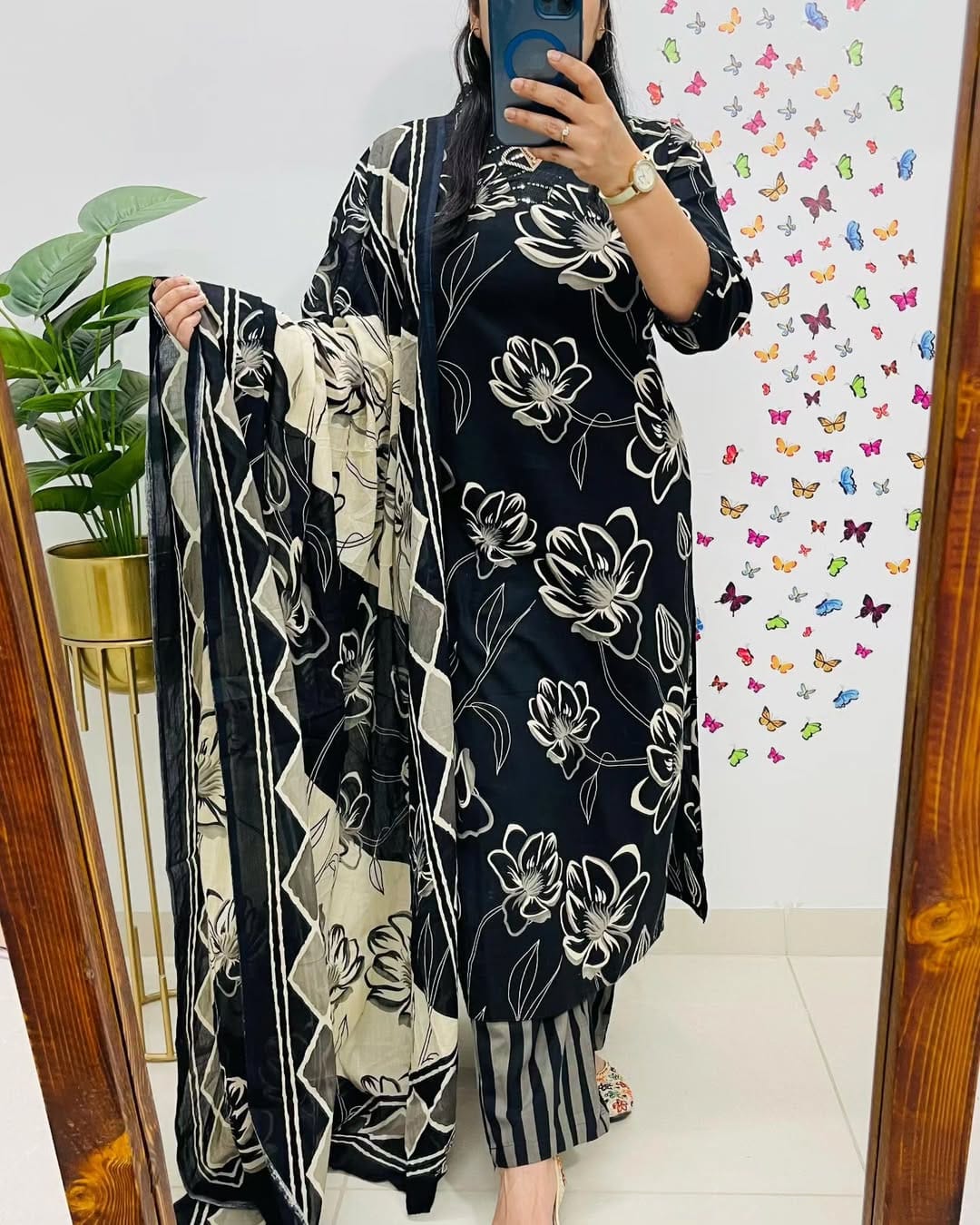 Floral Printed Cotton Kurti Set with Embroidery & Dupatta