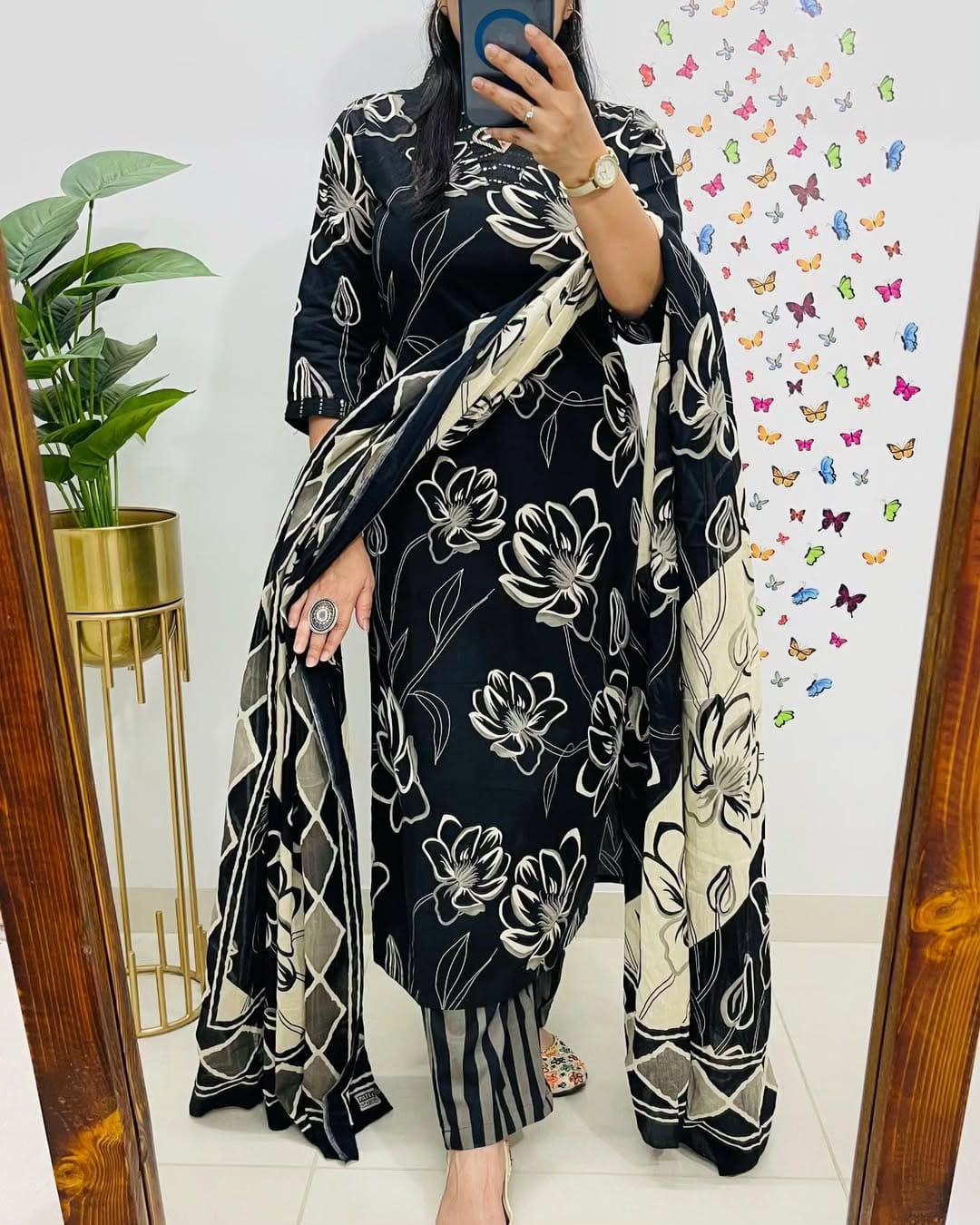 Floral Printed Cotton Kurti Set with Embroidery & Dupatta