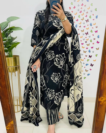 Floral Printed Cotton Kurti Set with Embroidery & Dupatta