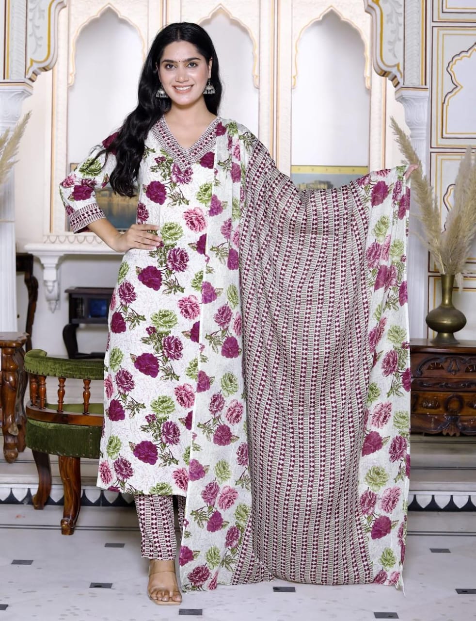 Floral Printed Cotton Kurti with Pant & Dupatta Set