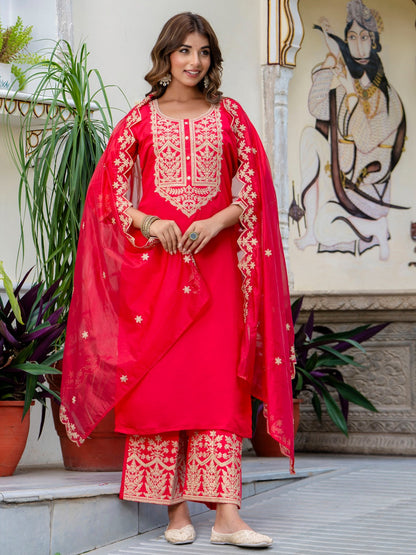 Floral Thread Embroidered Silk Blend Kurta Pant Dupatta Suit Set
