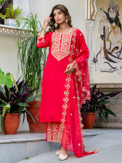 Floral Thread Embroidered Silk Blend Kurta Pant Dupatta Suit Set