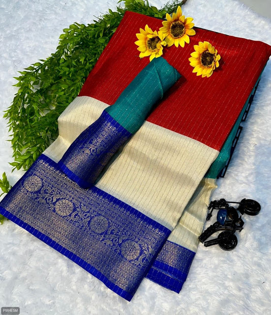 Flower Dola Silk Saree with Jacquard Border & Running Blouse
