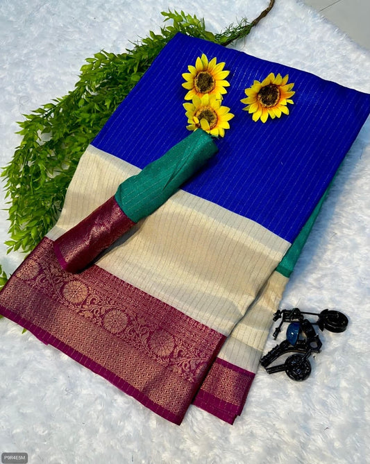 Flower Dola Silk Saree with Jacquard Border & Running Blouse