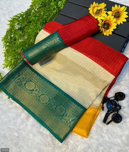Flower Dola Silk Saree with Jacquard Border & Running Blouse