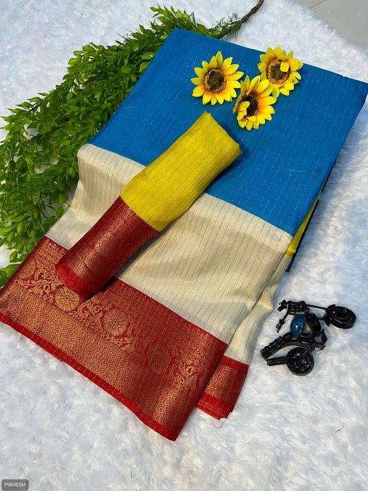 Flower Dola Silk Saree with Jacquard Border & Running Blouse