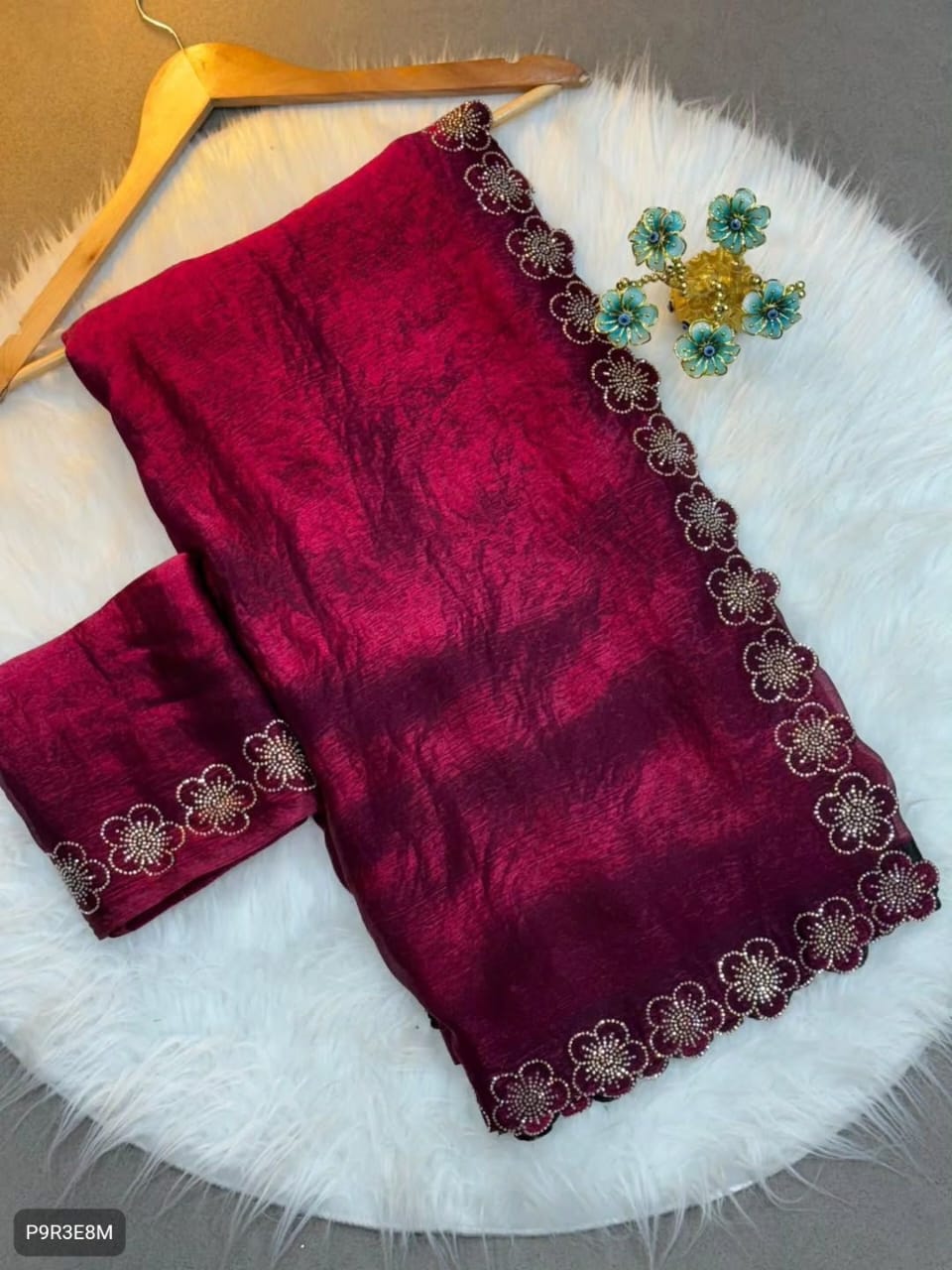 Flower Port Cut Dana Diamond Work Saree in Space Silk with Matching Blouse