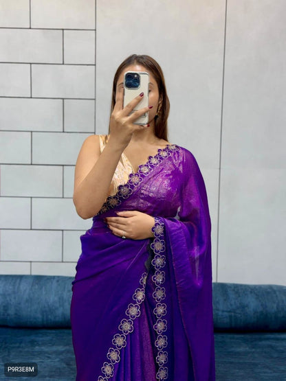 Flower Port Cut Dana Diamond Work Saree in Space Silk with Matching Blouse