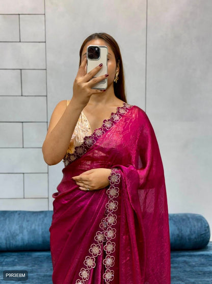 Flower Port Cut Dana Diamond Work Saree in Space Silk with Matching Blouse