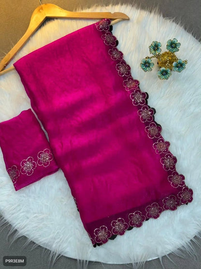 Flower Port Cut Dana Diamond Work Saree in Space Silk with Matching Blouse