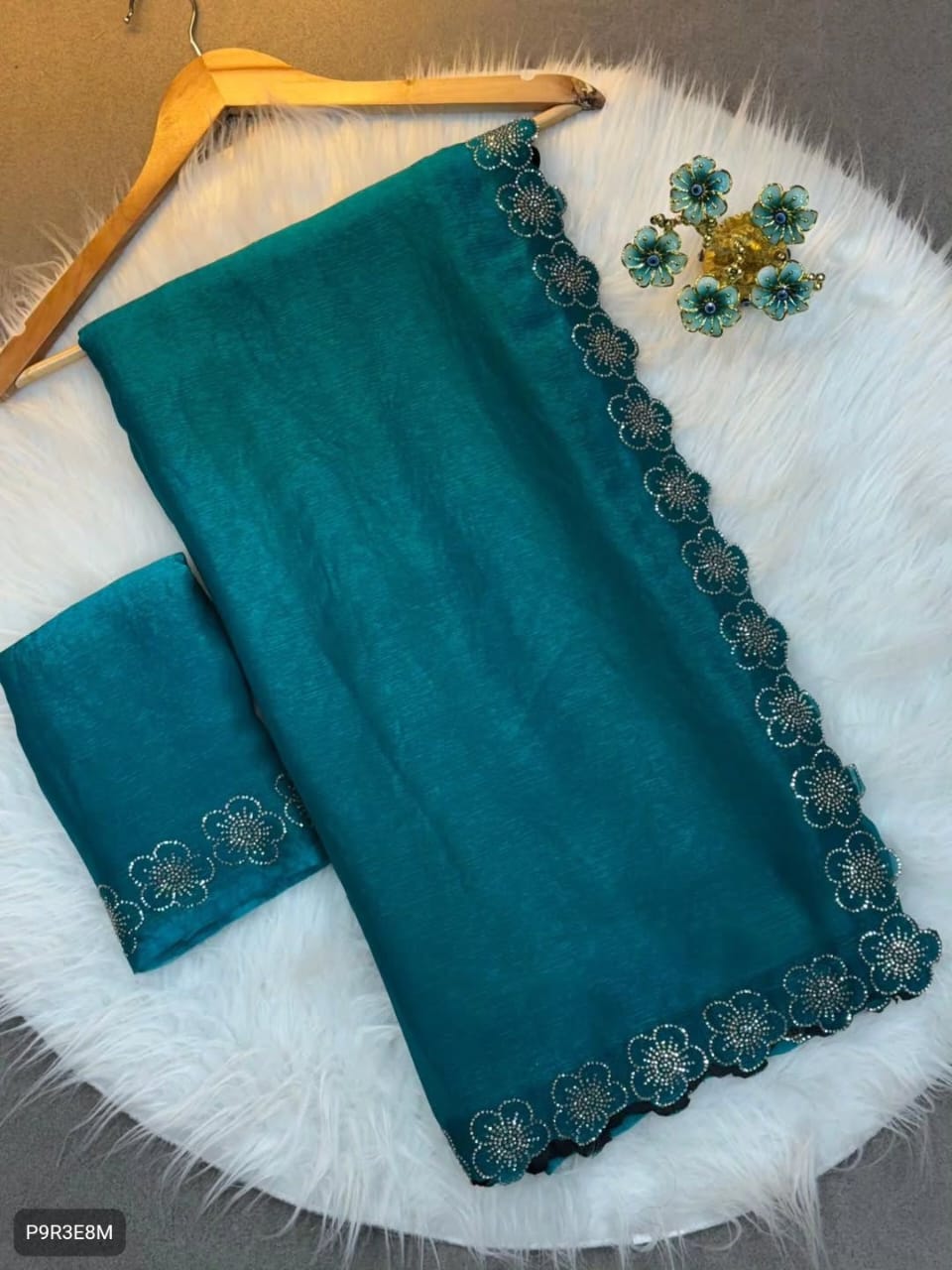 Flower Port Cut Dana Diamond Work Saree in Space Silk with Matching Blouse