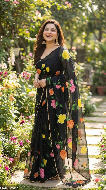 Georgette Digital Print Saree with Pearl Lace Border & Blouse