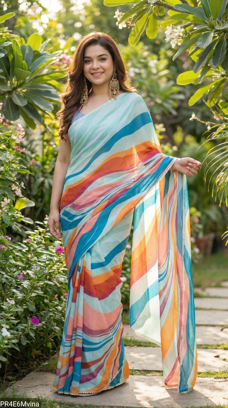 Georgette Digital Print Saree with Pearl Lace Border & Blouse