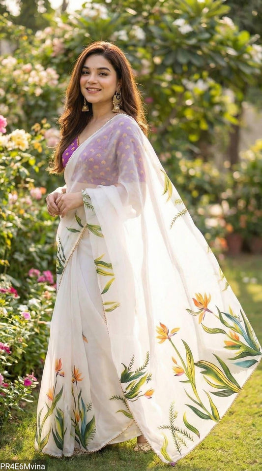 Georgette Digital Print Saree with Pearl Lace Border & Blouse