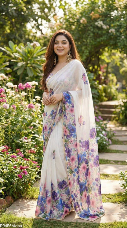 Georgette Digital Print Saree with Pearl Lace Border & Blouse