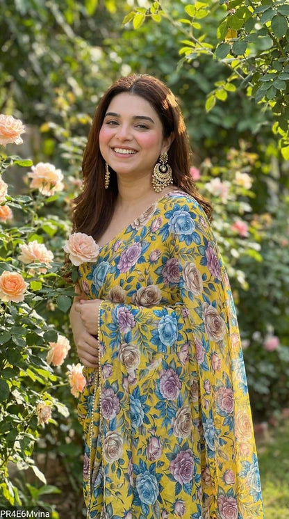 Georgette Digital Print Saree with Pearl Lace Border & Blouse