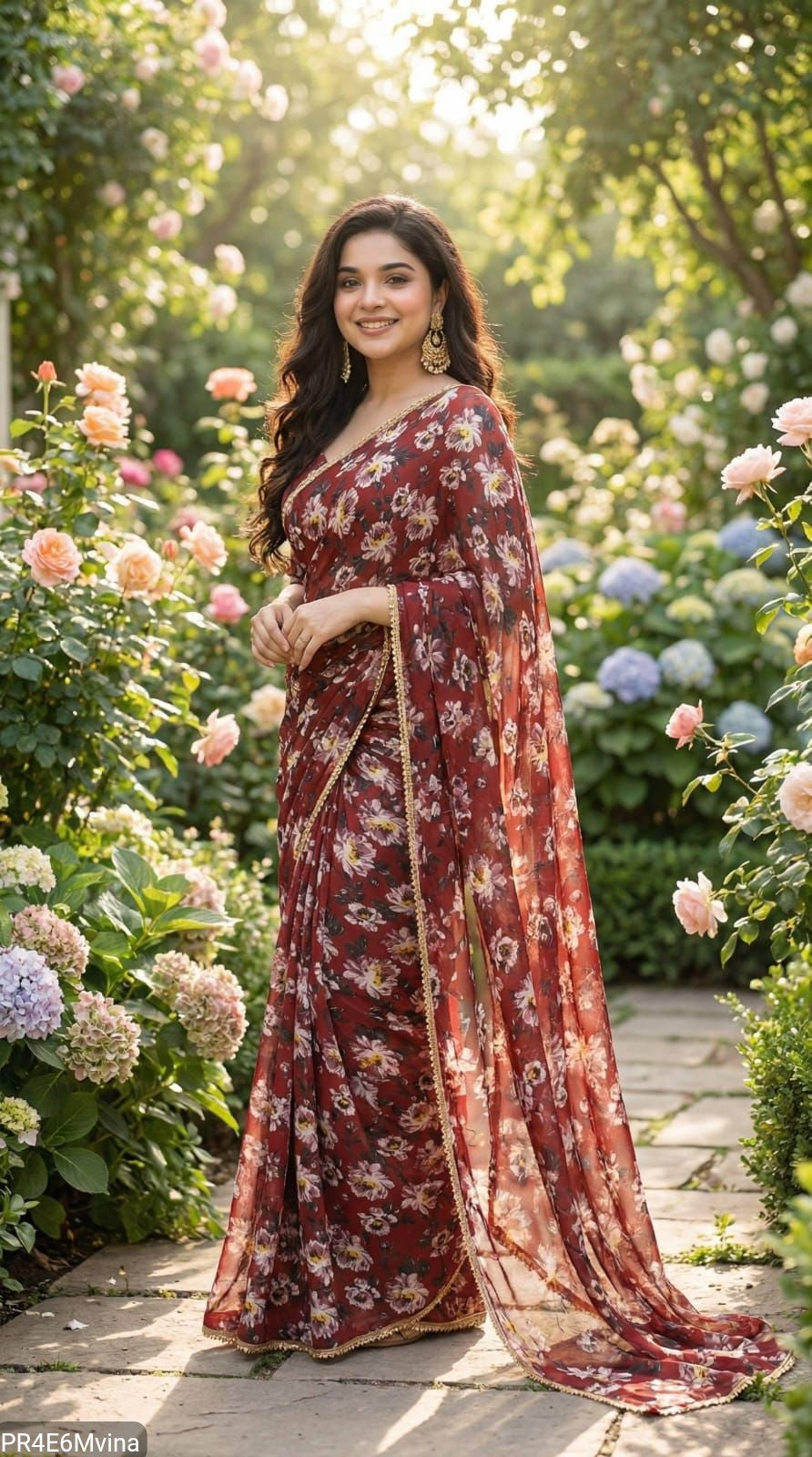 Georgette Digital Print Saree with Pearl Lace Border & Blouse