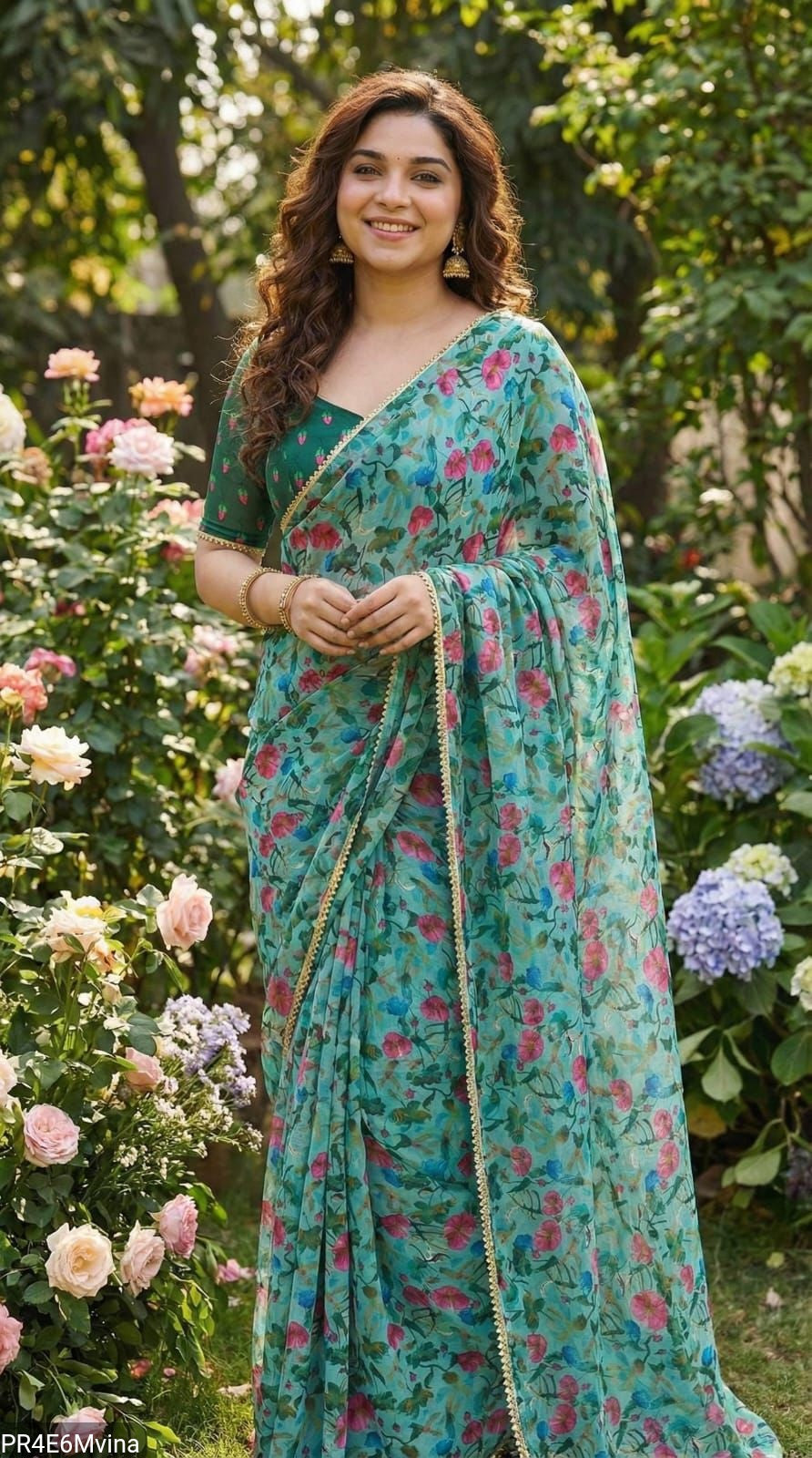 Georgette Digital Print Saree with Pearl Lace Border & Blouse