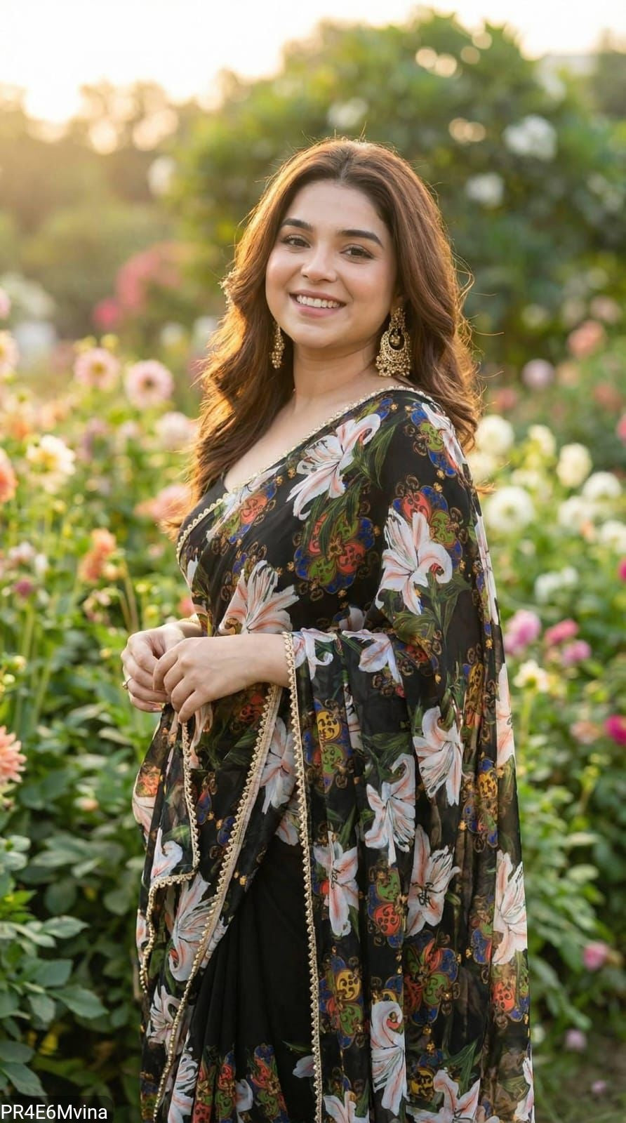 Georgette Digital Print Saree with Pearl Lace Border & Blouse