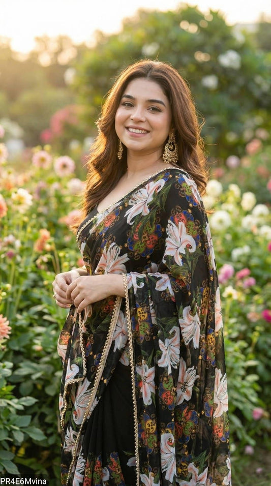 Georgette Digital Print Saree with Pearl Lace Border & Blouse