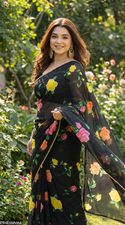 Georgette Digital Print Saree with Pearl Lace Border & Blouse