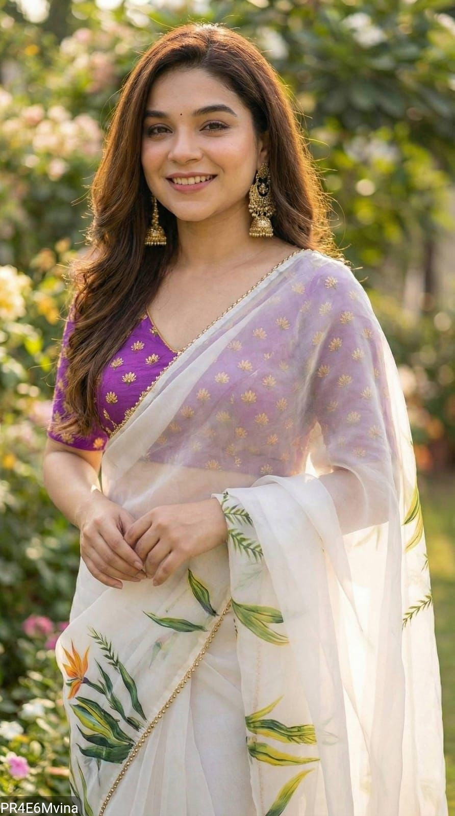 Georgette Digital Print Saree with Pearl Lace Border & Blouse