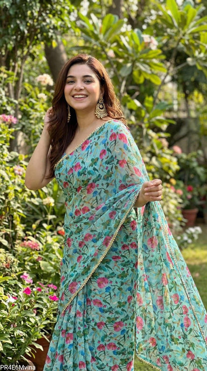 Georgette Digital Print Saree with Pearl Lace Border & Blouse