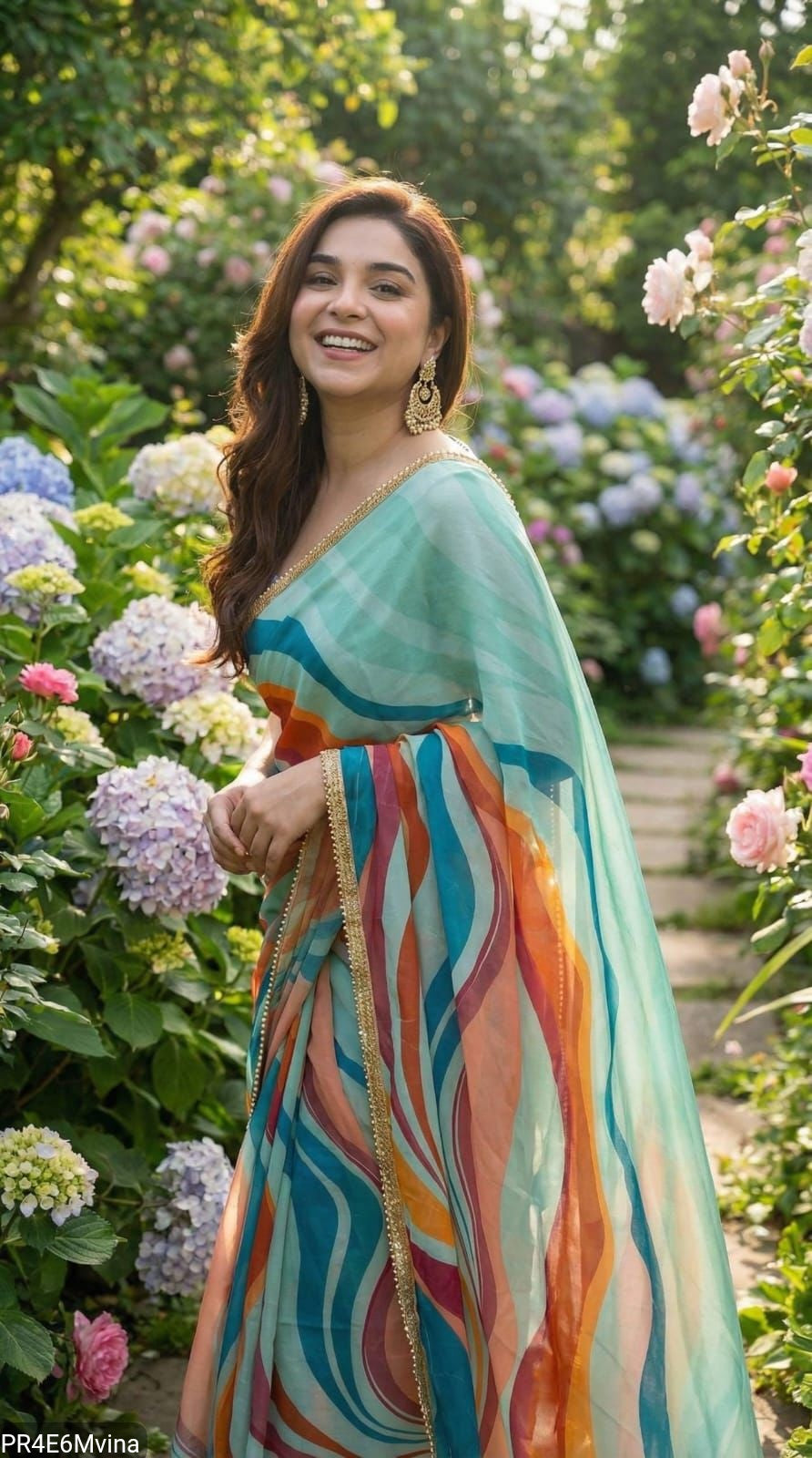 Georgette Digital Print Saree with Pearl Lace Border & Blouse