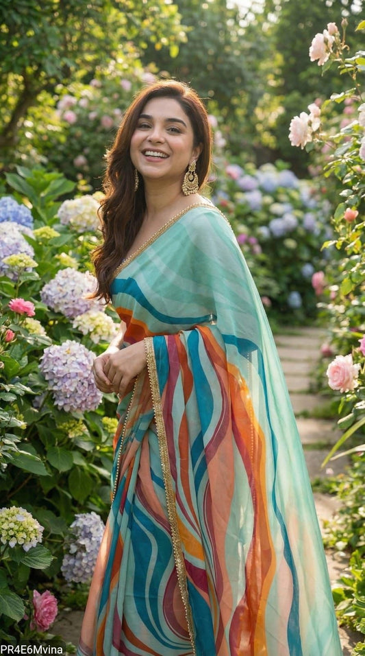 Georgette Digital Print Saree with Pearl Lace Border & Blouse