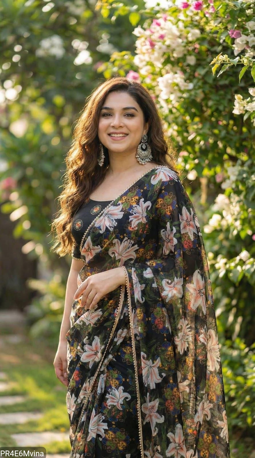 Georgette Digital Print Saree with Pearl Lace Border & Blouse