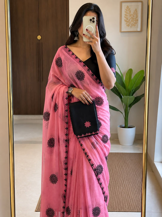 Georgette Embroidered Work Saree With Contrast Blouse