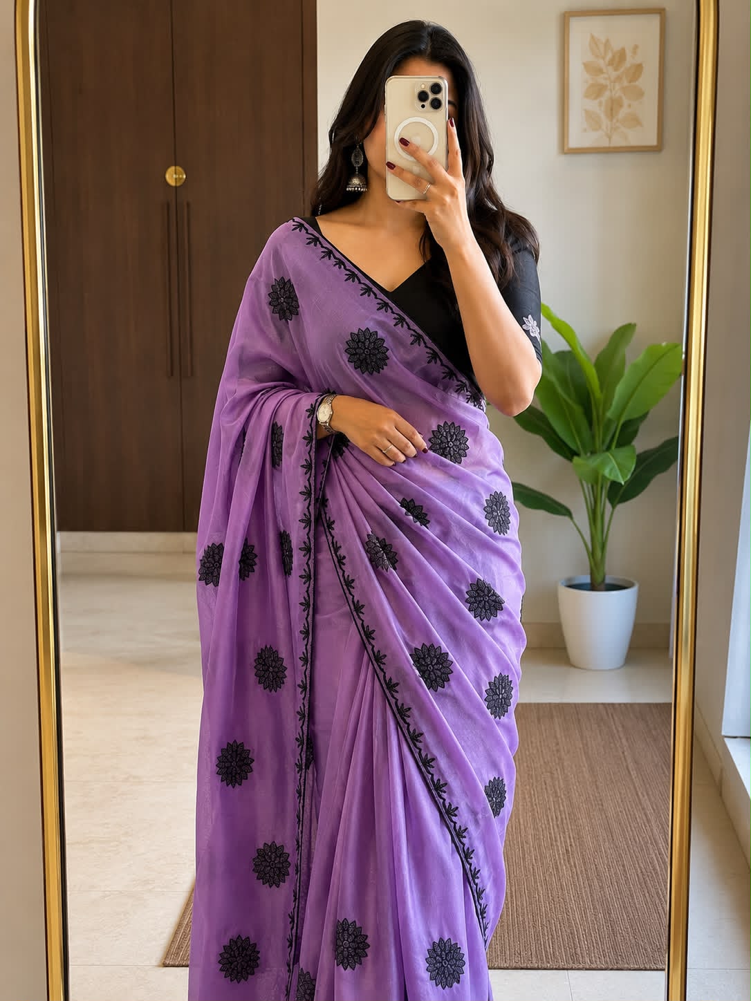 Georgette Embroidered Work Saree With Contrast Blouse