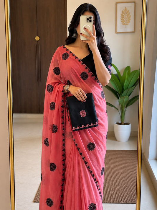 Georgette Embroidered Work Saree With Contrast Blouse